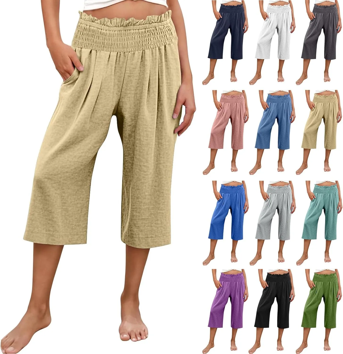 High Waisted Palazzo Pants for Women Wide Leg Linen Capri Pant Casual Summer Beach Cropped Trousers with Pockets