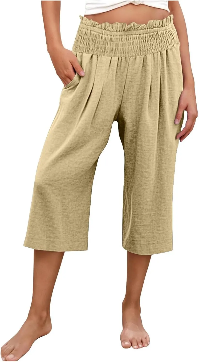 High Waisted Palazzo Pants for Women Wide Leg Linen Capri Pant Casual Summer Beach Cropped Trousers with Pockets