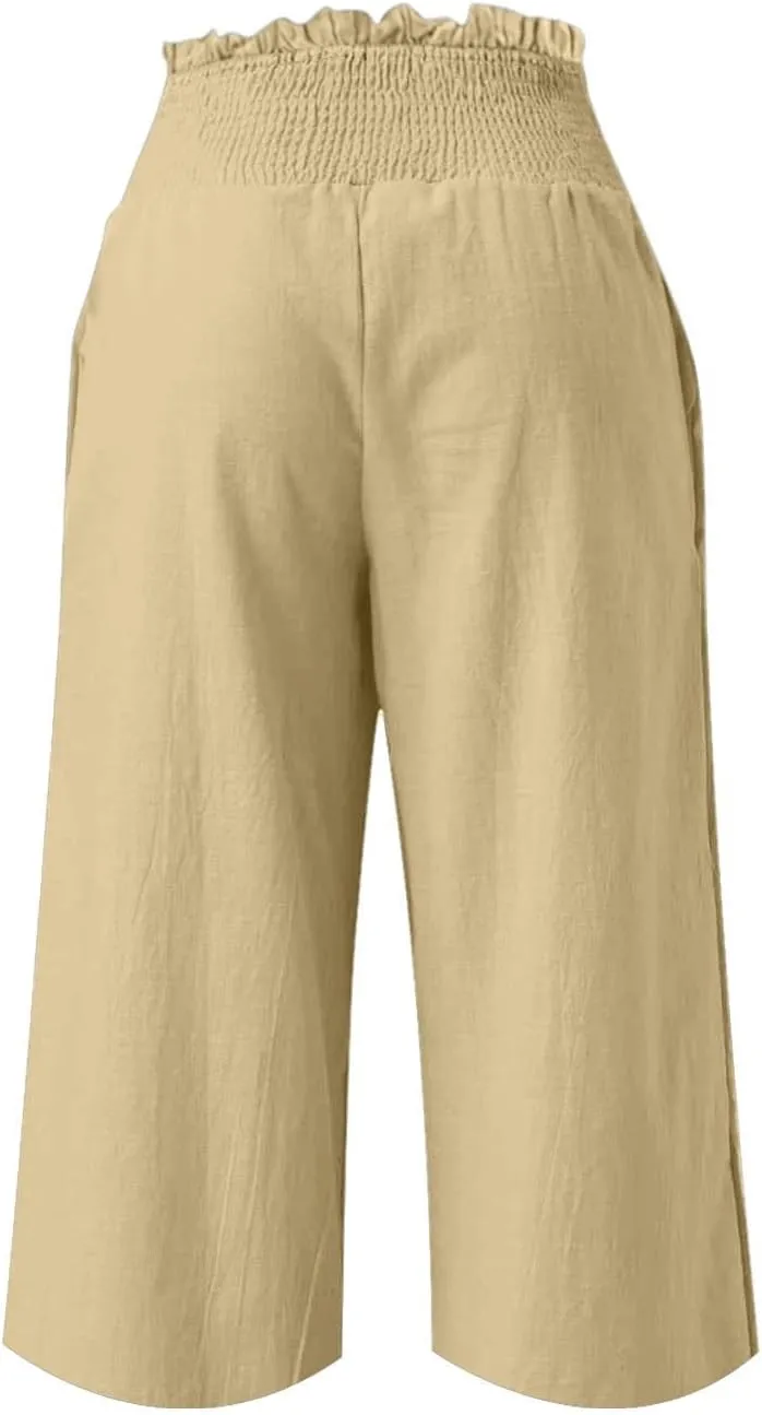 High Waisted Palazzo Pants for Women Wide Leg Linen Capri Pant Casual Summer Beach Cropped Trousers with Pockets