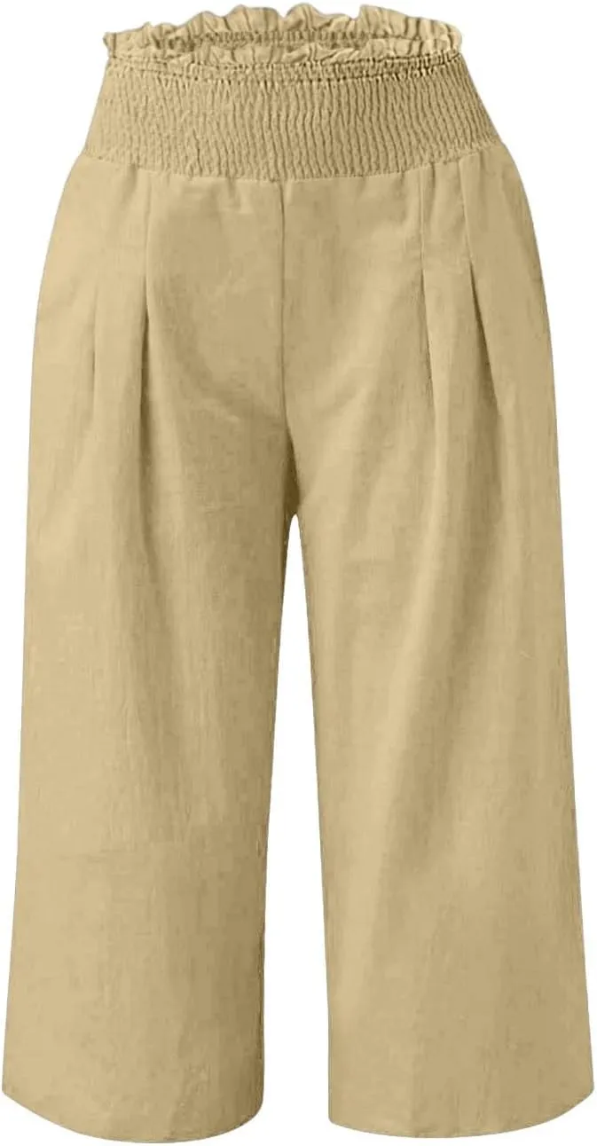High Waisted Palazzo Pants for Women Wide Leg Linen Capri Pant Casual Summer Beach Cropped Trousers with Pockets