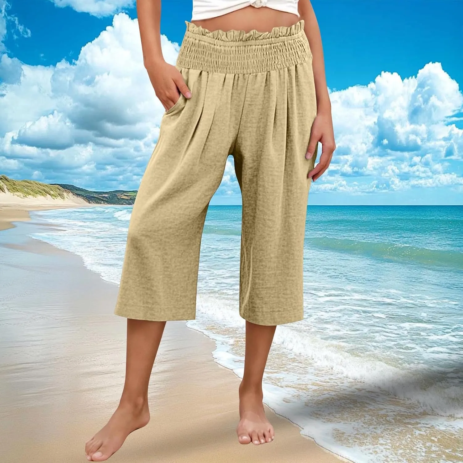 High Waisted Palazzo Pants for Women Wide Leg Linen Capri Pant Casual Summer Beach Cropped Trousers with Pockets