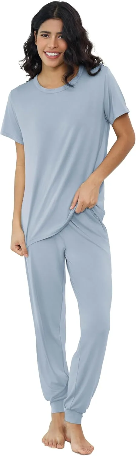 Joyaria Women's Bamboo Viscose Pajamas Short Sleeve Round Neck Top & Jogger Pajama Pants with Pocket S-XXL
