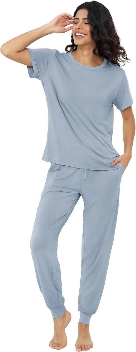 Joyaria Women's Bamboo Viscose Pajamas Short Sleeve Round Neck Top & Jogger Pajama Pants with Pocket S-XXL