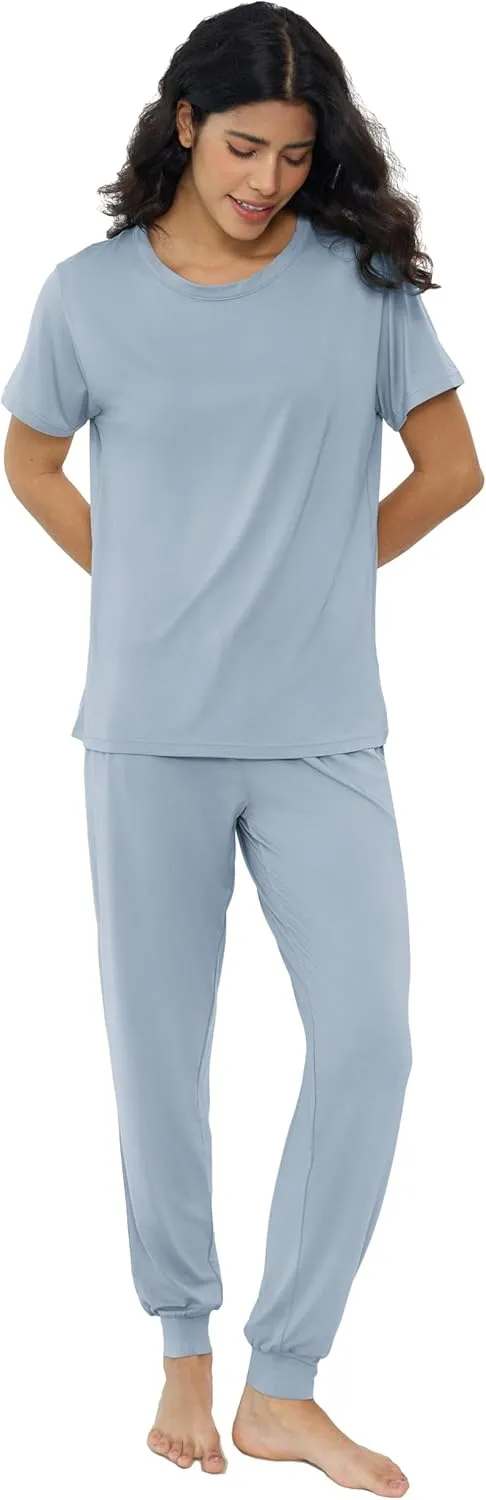 Joyaria Women's Bamboo Viscose Pajamas Short Sleeve Round Neck Top & Jogger Pajama Pants with Pocket S-XXL