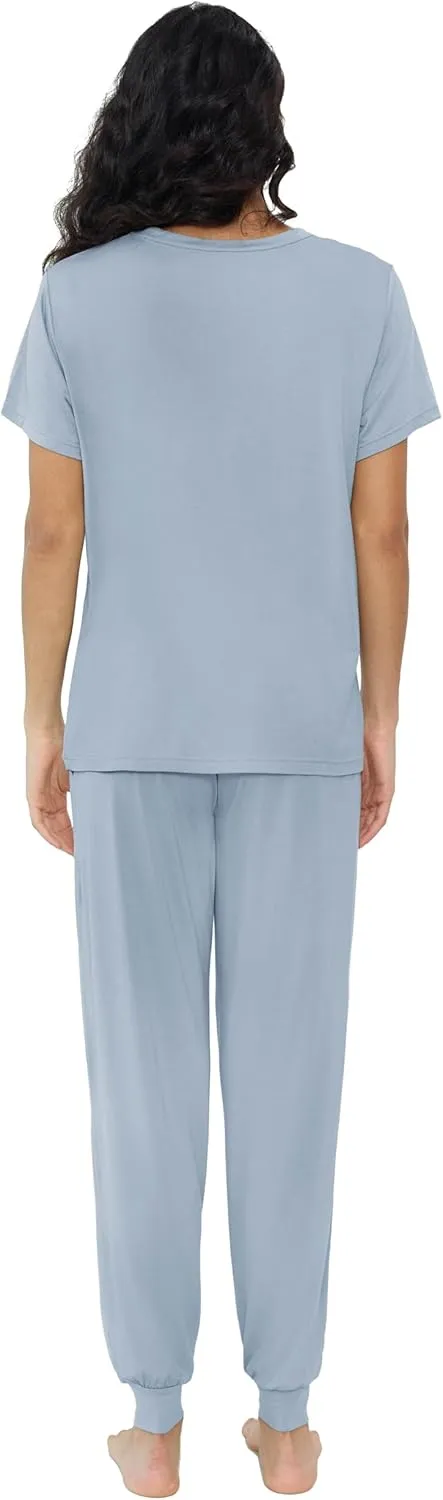 Joyaria Women's Bamboo Viscose Pajamas Short Sleeve Round Neck Top & Jogger Pajama Pants with Pocket S-XXL