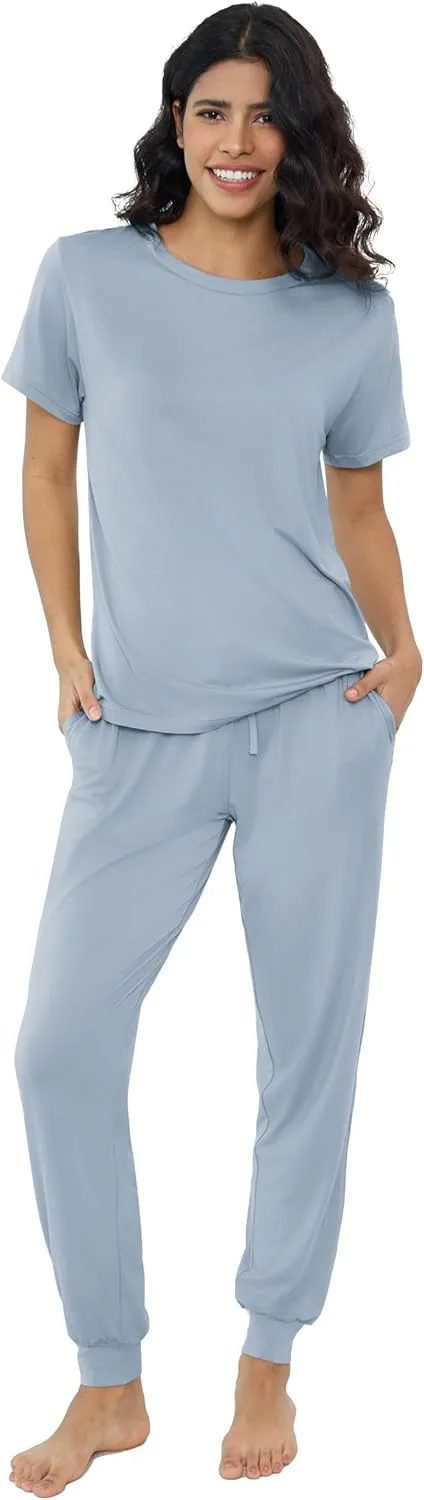 Joyaria Women's Bamboo Viscose Pajamas Short Sleeve Round Neck Top & Jogger Pajama Pants with Pocket S-XXL