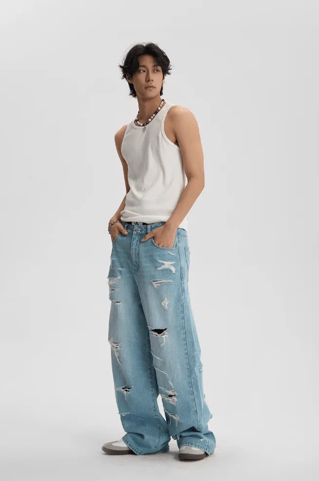 Light Wash Baggy Jeans With Distressed Holes