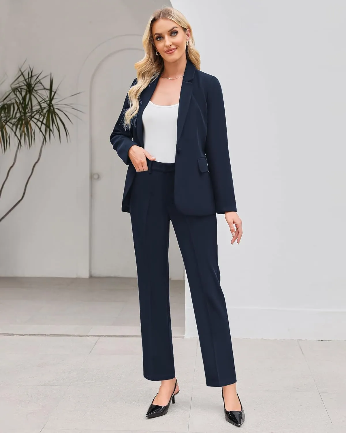 LookbookStore Pant Suits for Women Dressy 2 Piece Blazer and High Rise Straight Leg Pants Sets Business Casual Outfits