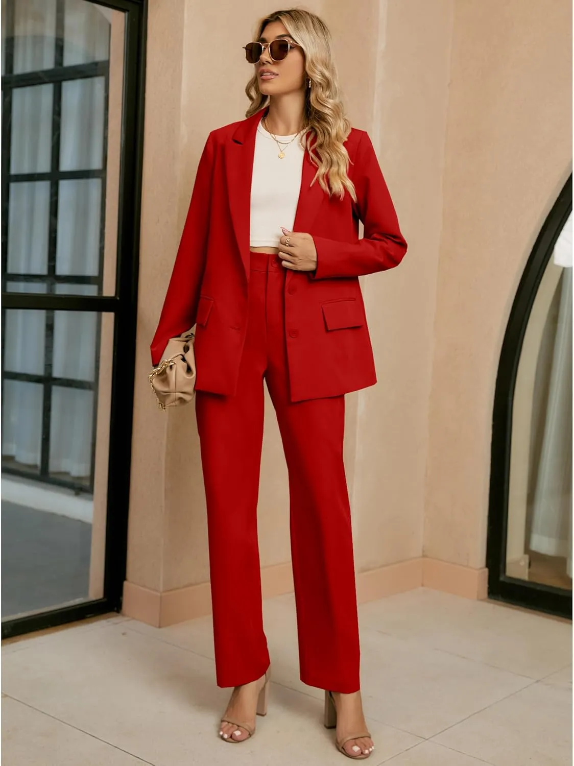 luvamia 2 Piece Outfits for Women Dressy Blazer Jackets High Waisted Straight Leg Pants Suits Set Business Casual Office