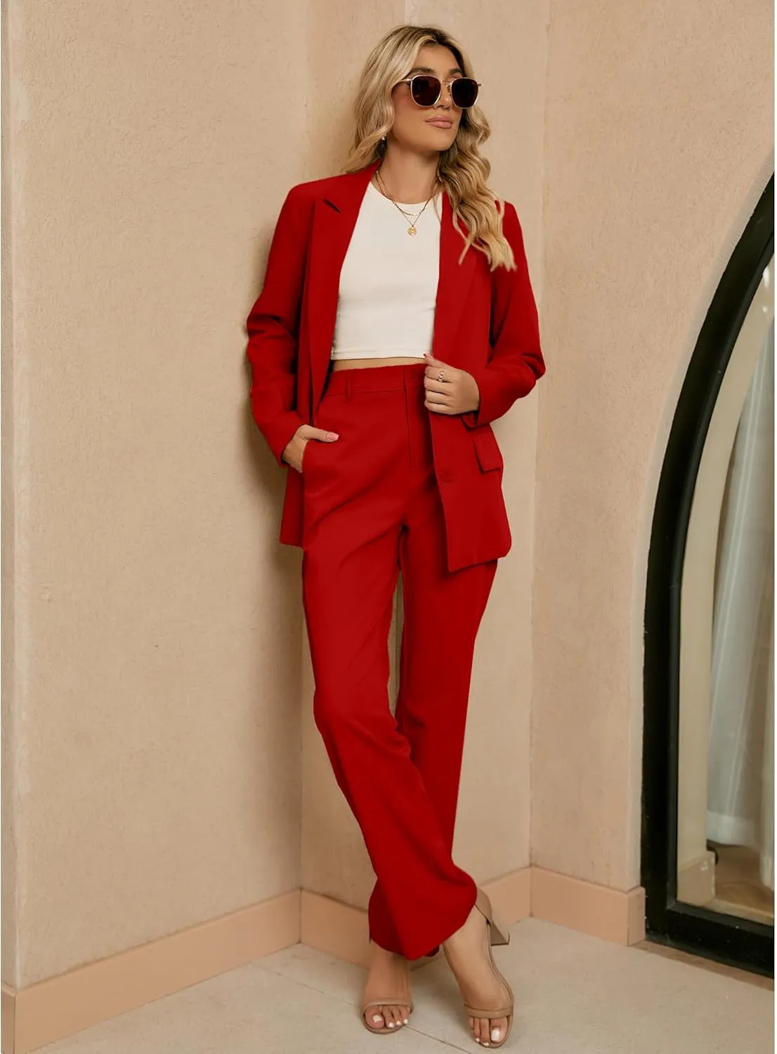 luvamia 2 Piece Outfits for Women Dressy Blazer Jackets High Waisted Straight Leg Pants Suits Set Business Casual Office
