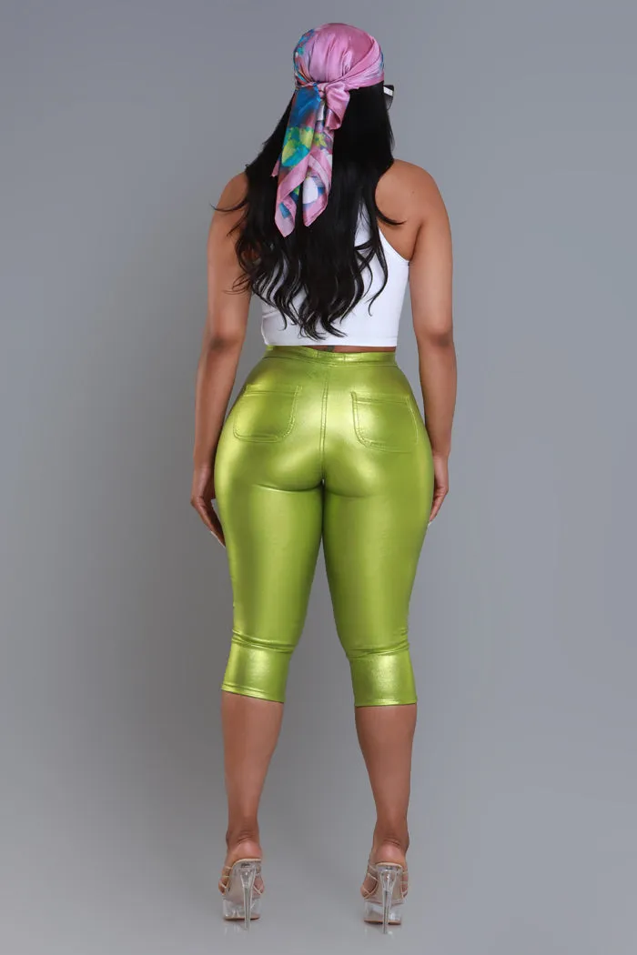 Make It Shimmer High Rise Metallic Capri Pants - Lime