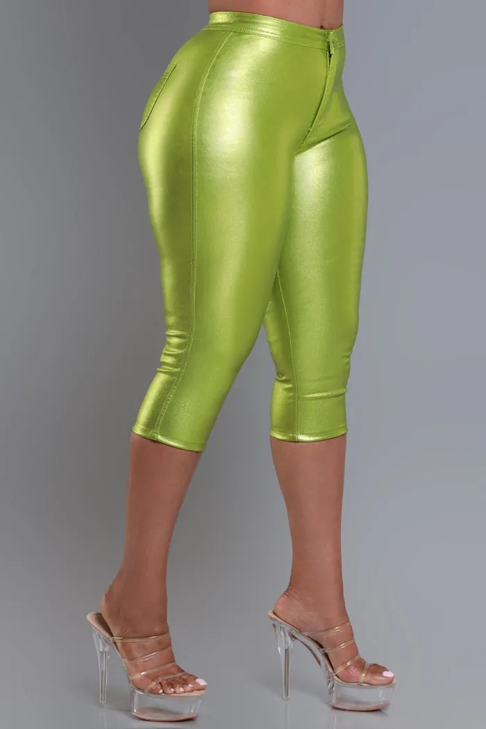 Make It Shimmer High Rise Metallic Capri Pants - Lime