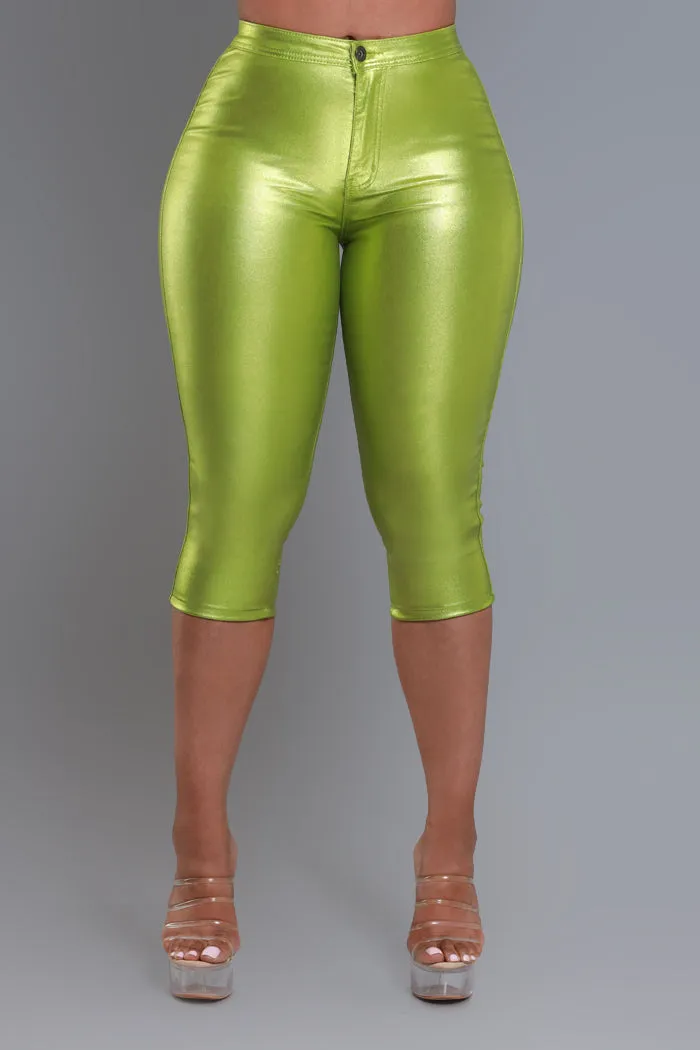 Make It Shimmer High Rise Metallic Capri Pants - Lime