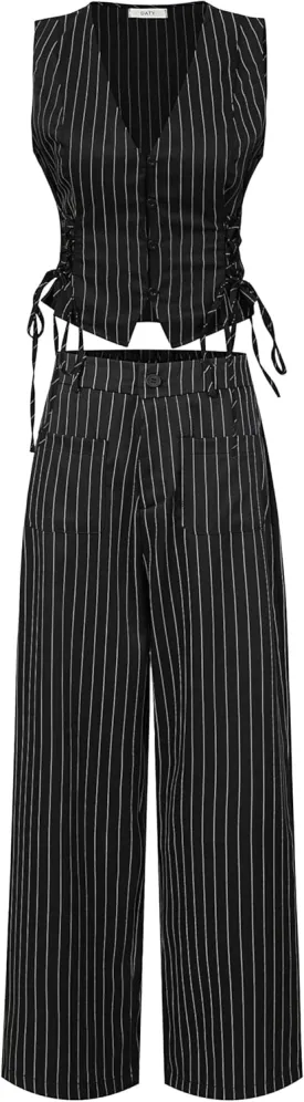 MOD V-Neck Sleeveless Side Tie Waist Straight Pants Black Striped Suit Set,Back To School Preppy Tops 2pcs MOD V-Neck Sleeveless Side Tie Waist Straight Pants Black Striped Suit Set,Back To School Preppy Tops 2pcs
