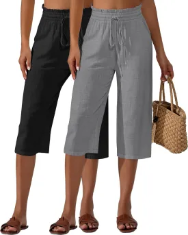 Neer 2 Pcs Women's Linen Wide Leg Capri Pants Beach High Waisted Drawstring Casual Loose Capris Pants with Pockets Neer 2 Pcs Women's Linen Wide Leg Capri Pants Beach High Waisted Drawstring Casual Loose Capris Pants with Pockets