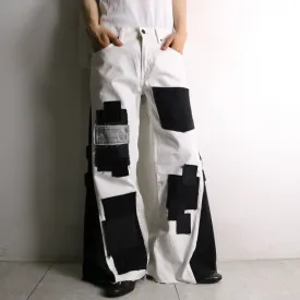 remake "再構築" black×white color patchwork design flare denim pants