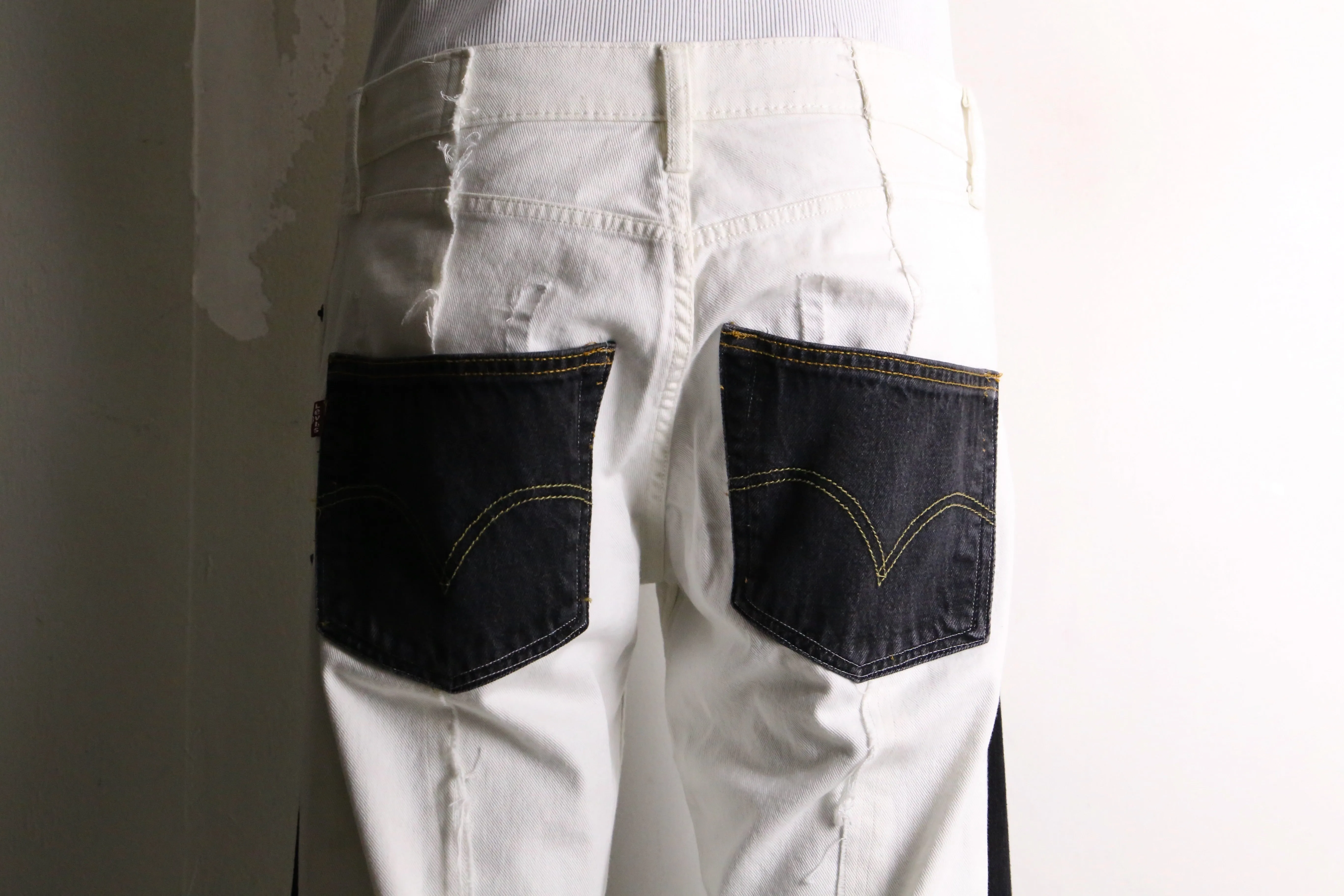 remake "再構築" black×white color patchwork design flare denim pants