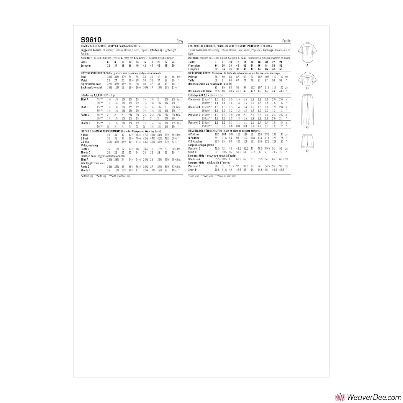 Simplicity Pattern S9610 Misses' Set of Tops, Cropped Pants & Shorts