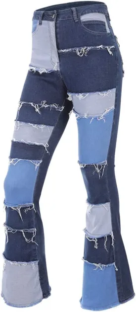 THUNDER STAR Women Patchwork Flare Jeans Stretch High Waisted Bell Bottom Raw Hem Denim Pants THUNDER STAR Women Patchwork Flare Jeans Stretch High Waisted Bell Bottom Raw Hem Denim Pants