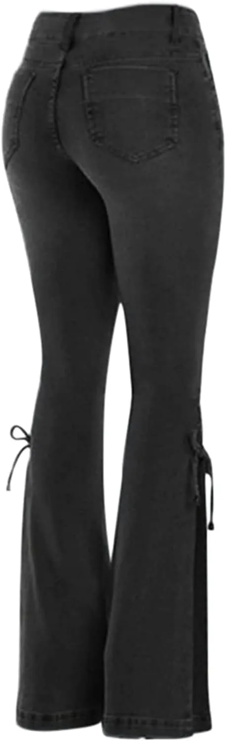 TKMUNY Women's Lace-up Bell Bottom Denim Pants Mid Waist Stretchy Flare Juniors Jeans Trouser Leggings
