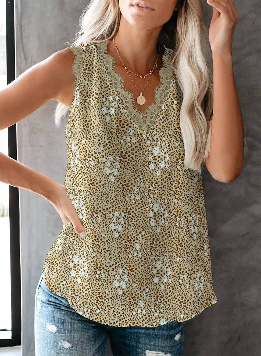 VIISHOW Women Ladies Sexy V Neck Lace Trim Tank Tops Dressy Camisole Casual Loose Sleeveless Chiffon Blouse Shirts