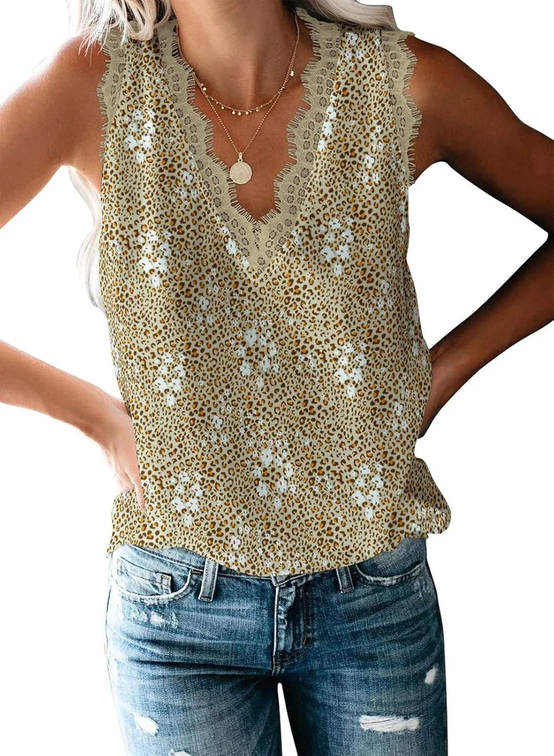 VIISHOW Women Ladies Sexy V Neck Lace Trim Tank Tops Dressy Camisole Casual Loose Sleeveless Chiffon Blouse Shirts