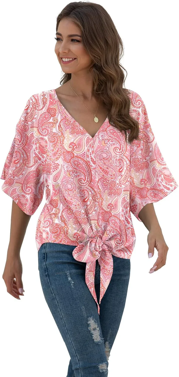 VIISHOW Womens Tie Front Chiffon Blouses V Neck Batwing Short Sleeve Summer Floral Tops Shirts
