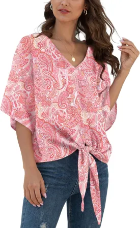 VIISHOW Womens Tie Front Chiffon Blouses V Neck Batwing Short Sleeve Summer Floral Tops Shirts VIISHOW Womens Tie Front Chiffon Blouses V Neck Batwing Short Sleeve Summer Floral Tops Shirts