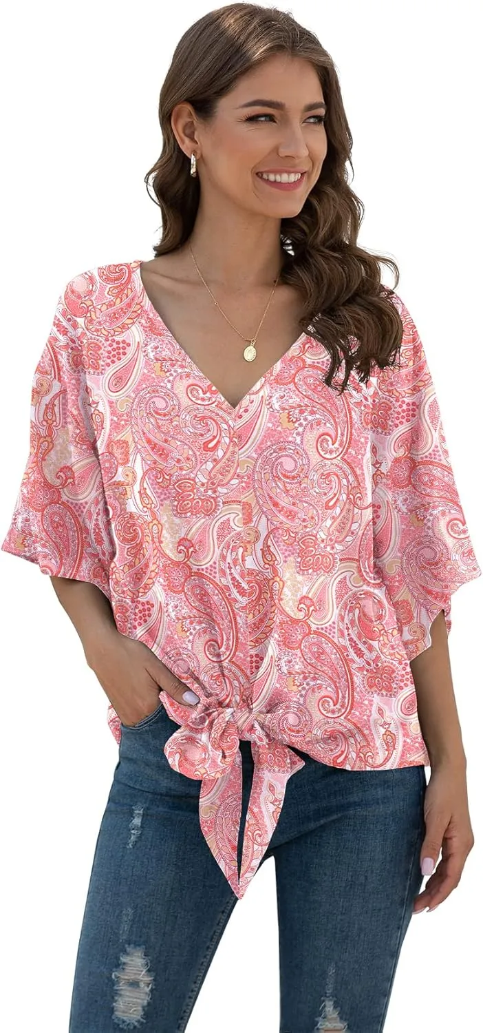 VIISHOW Womens Tie Front Chiffon Blouses V Neck Batwing Short Sleeve Summer Floral Tops Shirts