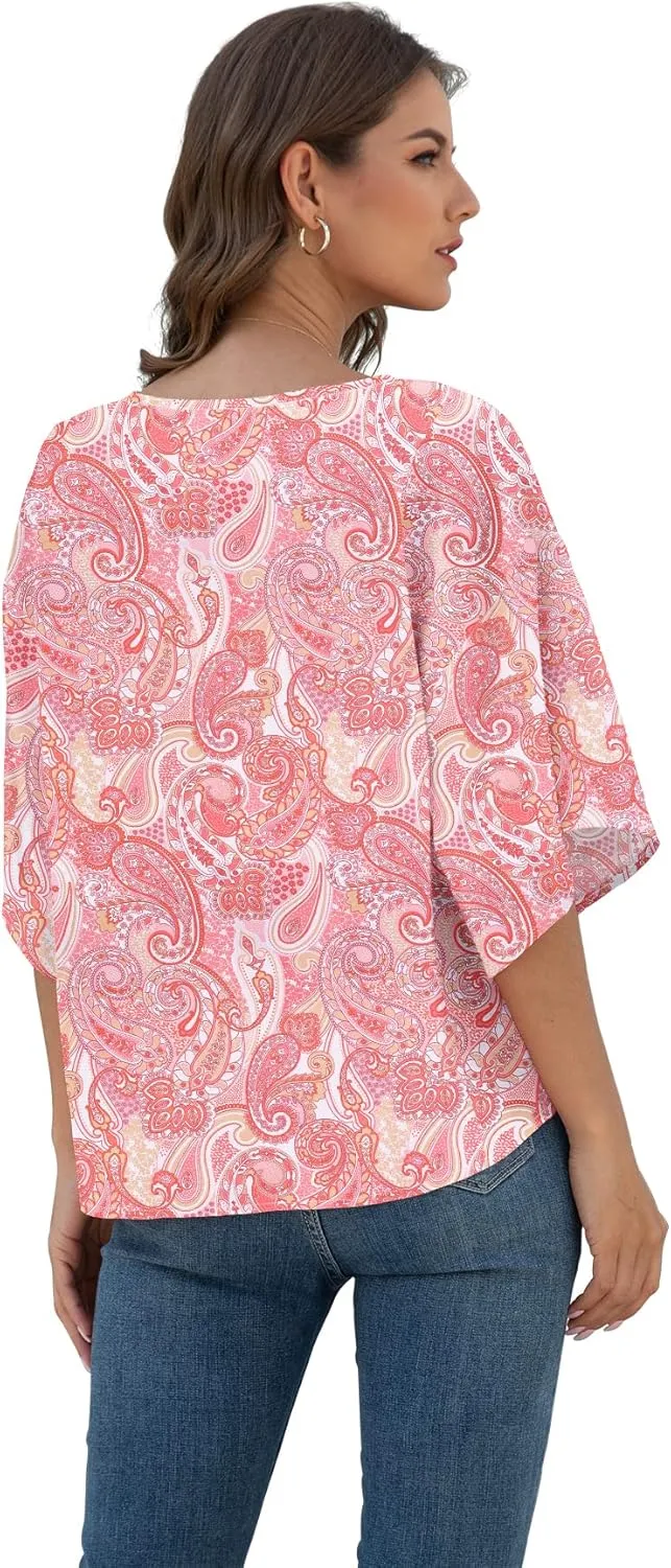 VIISHOW Womens Tie Front Chiffon Blouses V Neck Batwing Short Sleeve Summer Floral Tops Shirts