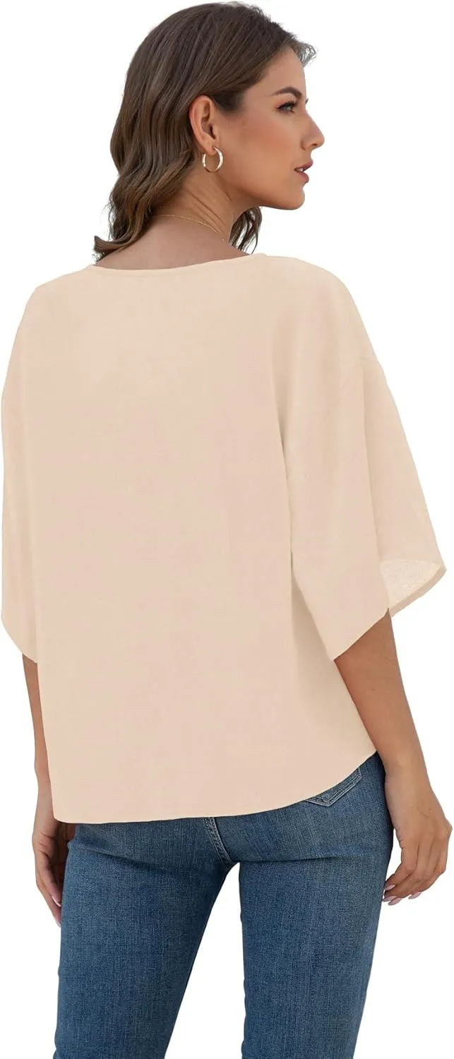 VIISHOW Womens Tie Front Chiffon Blouses V Neck Batwing Short Sleeve Summer Tops Shirts