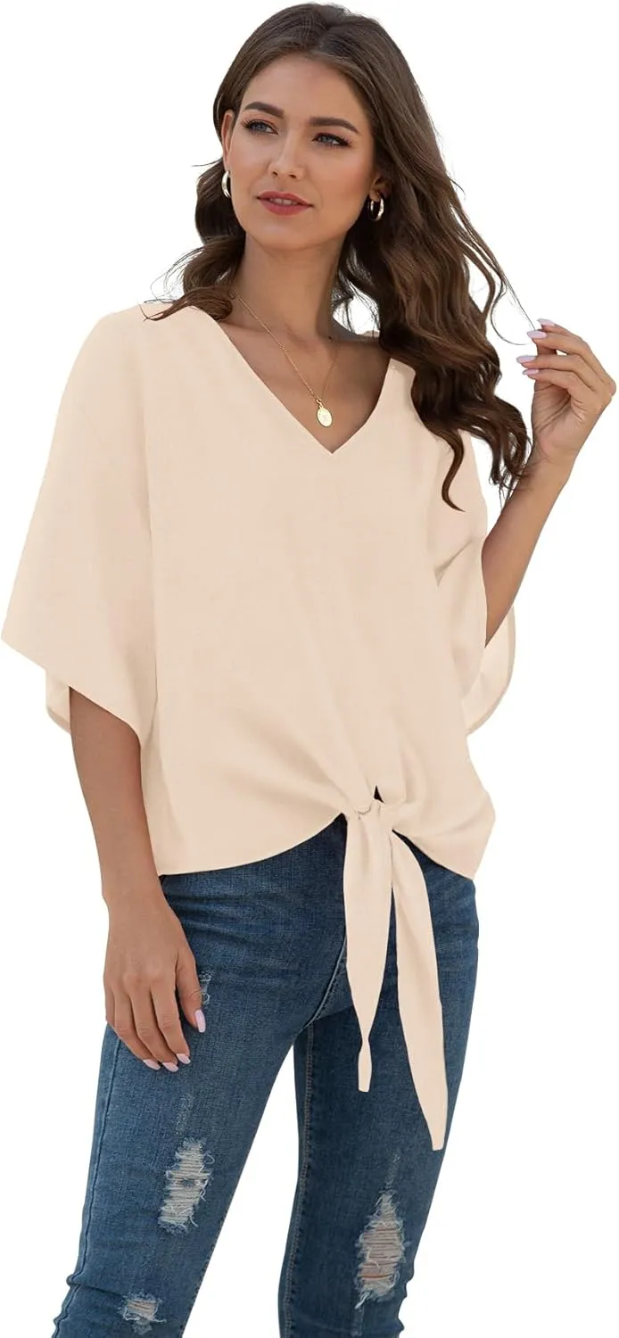 VIISHOW Womens Tie Front Chiffon Blouses V Neck Batwing Short Sleeve Summer Tops Shirts