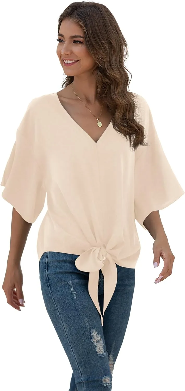VIISHOW Womens Tie Front Chiffon Blouses V Neck Batwing Short Sleeve Summer Tops Shirts