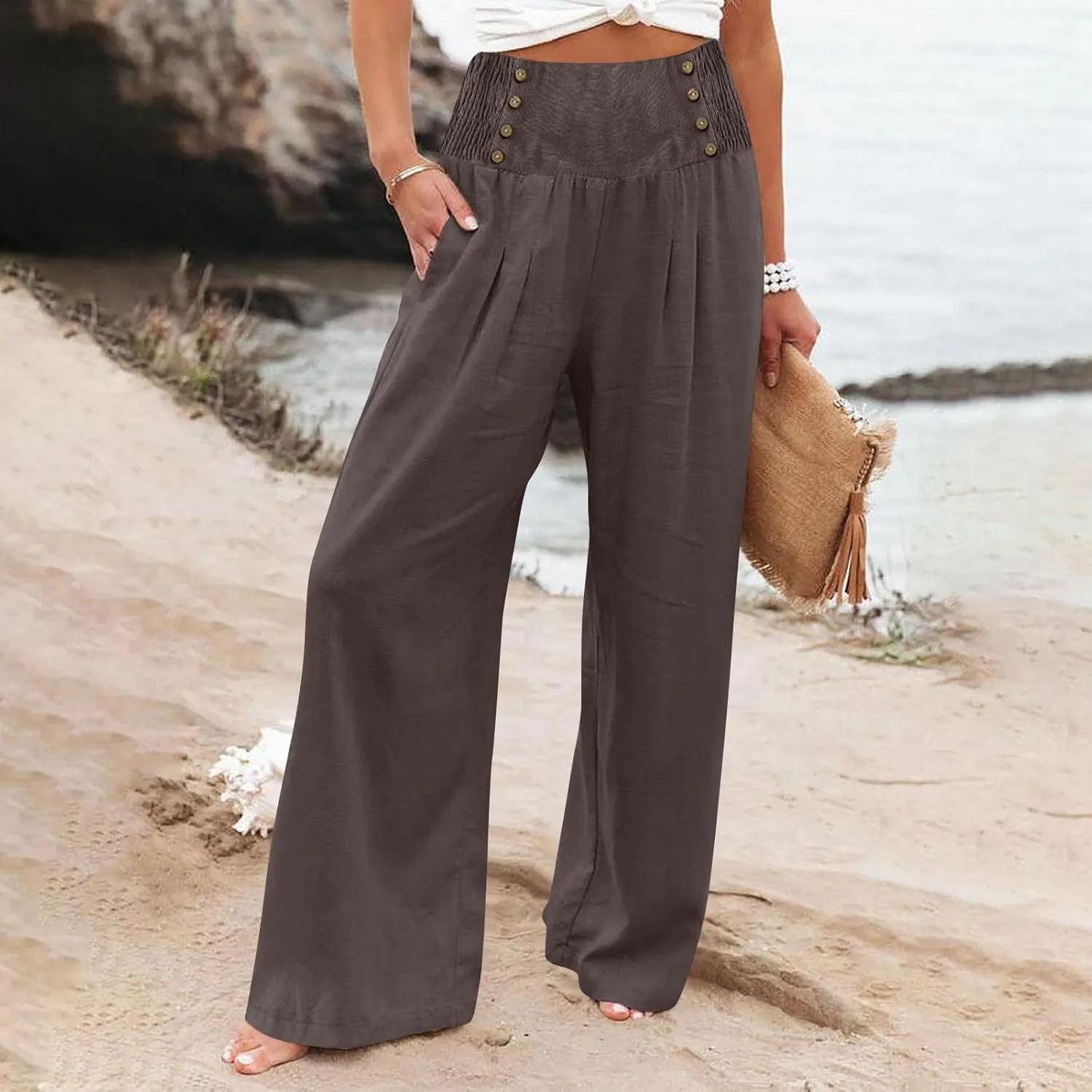 Wide Leg Linen Pants for Women Summer Drawstring Beach Pants Casual Elastic Waist Trouser Comfy Lounge Pants