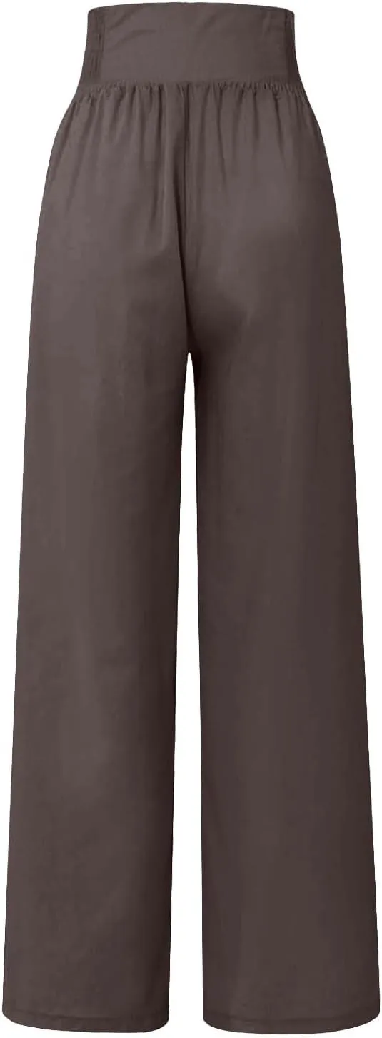 Wide Leg Linen Pants for Women Summer Drawstring Beach Pants Casual Elastic Waist Trouser Comfy Lounge Pants