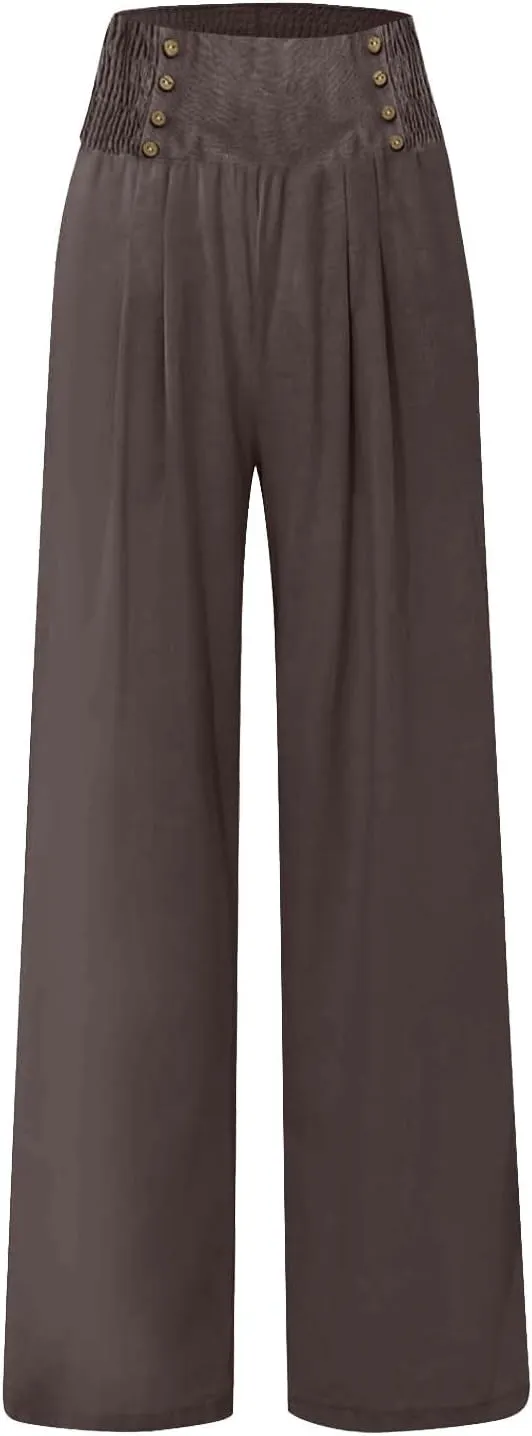 Wide Leg Linen Pants for Women Summer Drawstring Beach Pants Casual Elastic Waist Trouser Comfy Lounge Pants