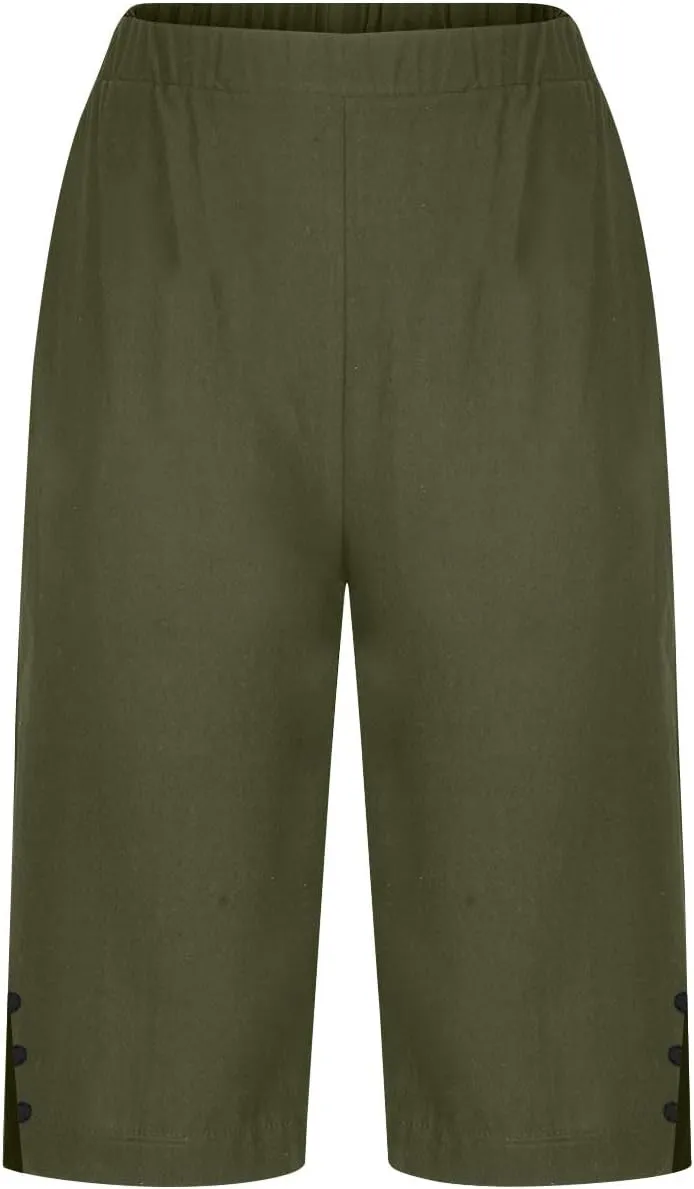 Womens Bermuda Shorts Summer Cotton Linen Knee Length Pants Dressy Casual Elastic Waist Beach Outfits with Pockets