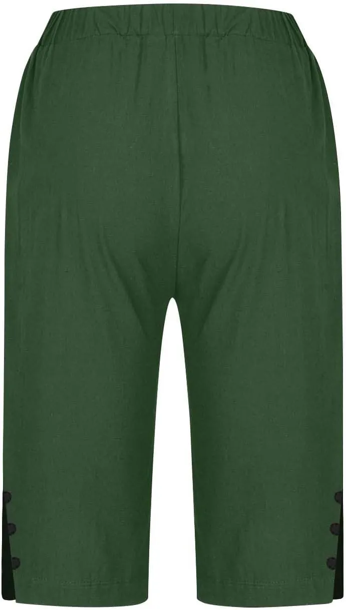 Womens Bermuda Shorts Summer Cotton Linen Knee Length Pants Dressy Casual Elastic Waist Beach Outfits with Pockets