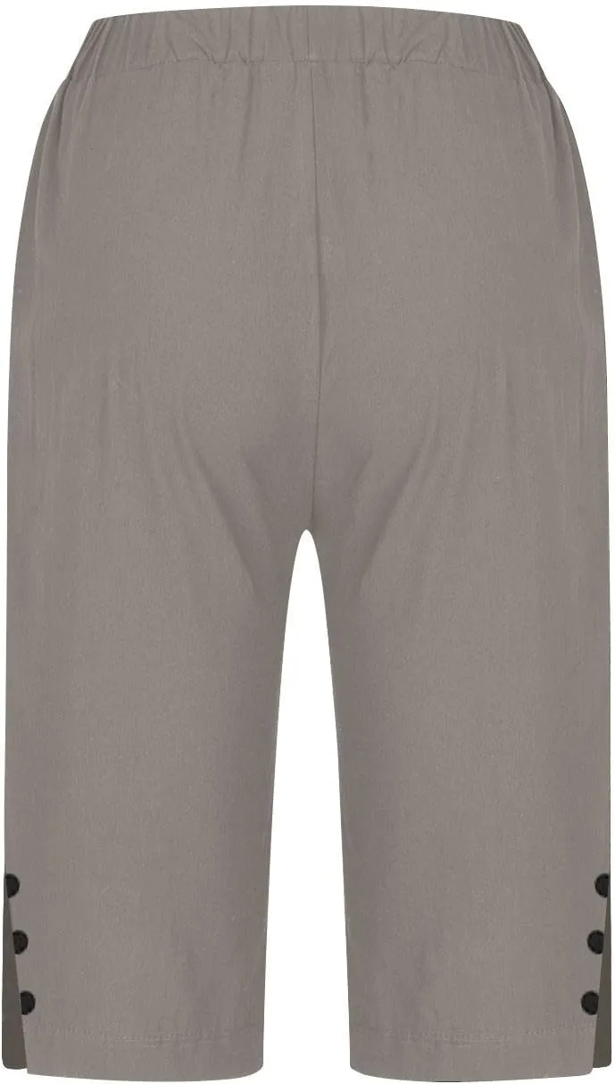Womens Bermuda Shorts Summer Cotton Linen Knee Length Pants Dressy Casual Elastic Waist Beach Outfits with Pockets