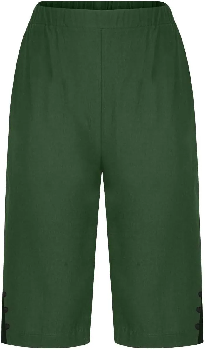 Womens Bermuda Shorts Summer Cotton Linen Knee Length Pants Dressy Casual Elastic Waist Beach Outfits with Pockets