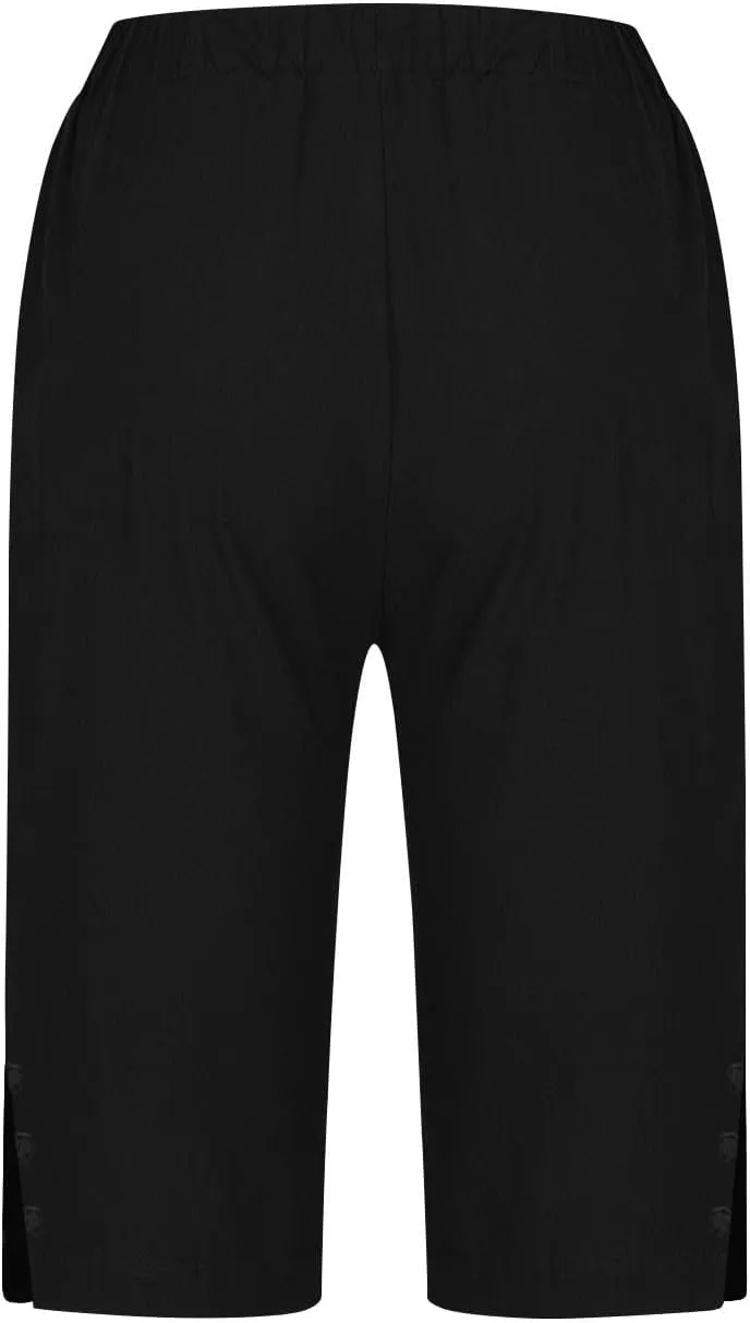 Womens Bermuda Shorts Summer Cotton Linen Knee Length Pants Dressy Casual Elastic Waist Beach Outfits with Pockets