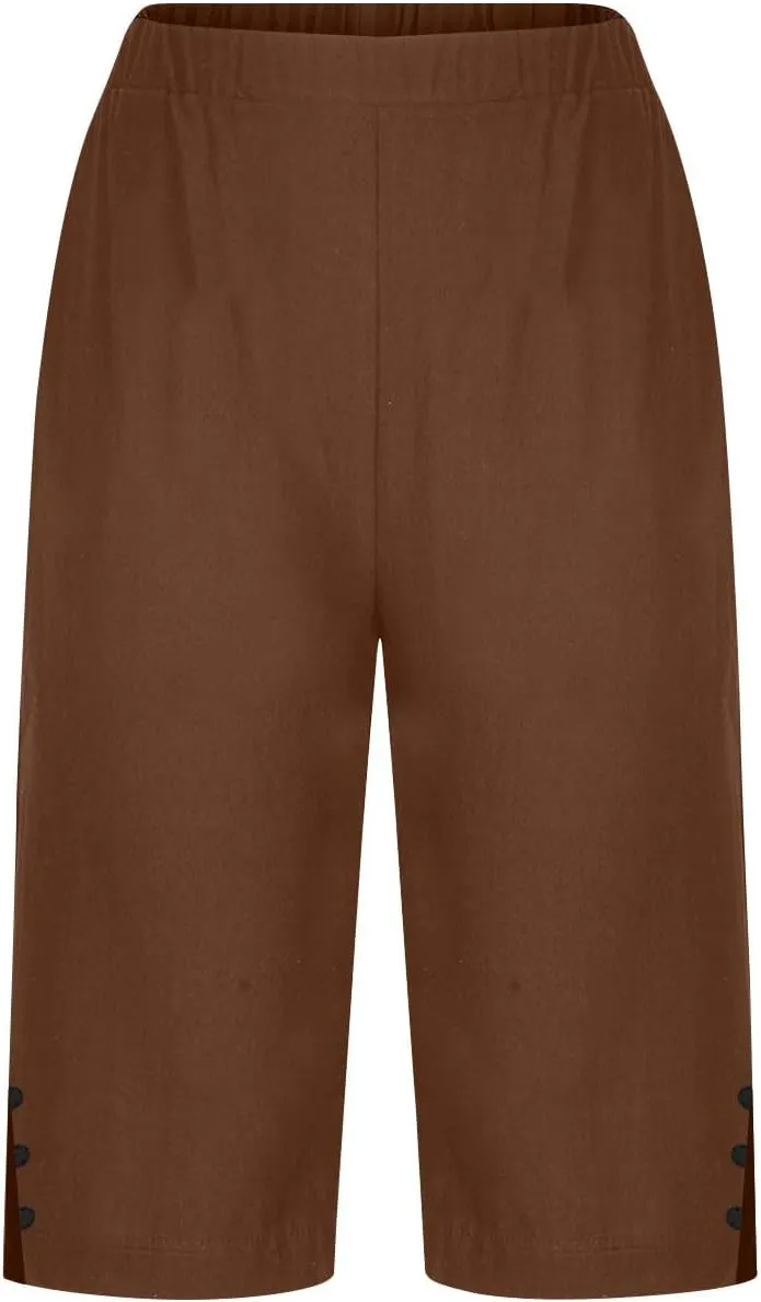 Womens Bermuda Shorts Summer Cotton Linen Knee Length Pants Dressy Casual Elastic Waist Beach Outfits with Pockets