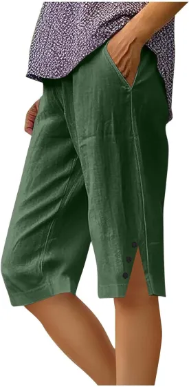 Womens Bermuda Shorts Summer Cotton Linen Knee Length Pants Dressy Casual Elastic Waist Beach Outfits with Pockets
