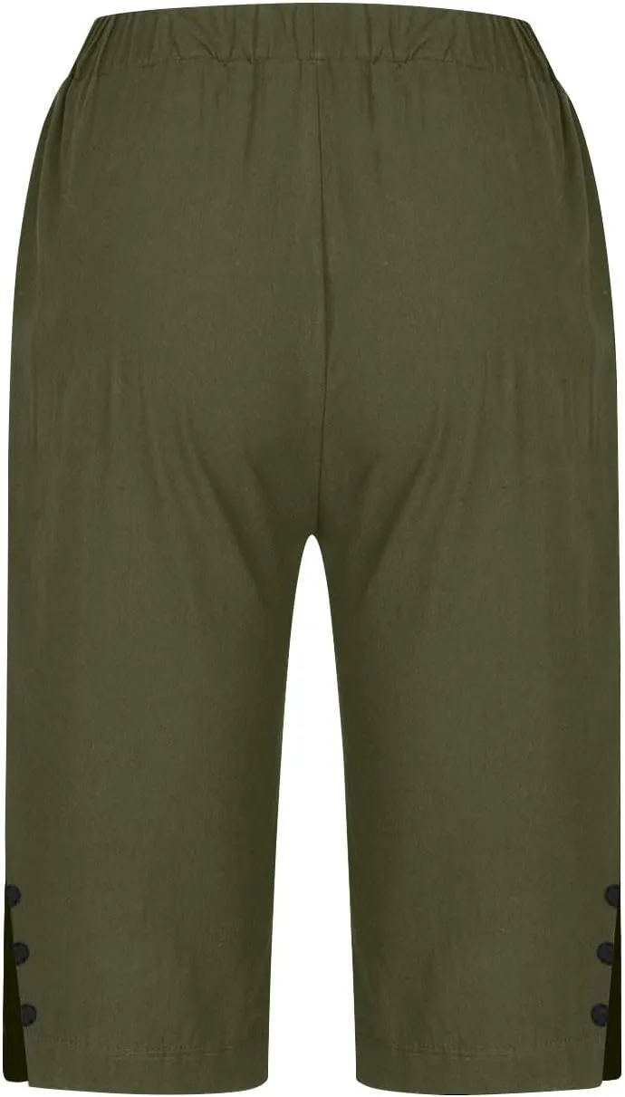 Womens Bermuda Shorts Summer Cotton Linen Knee Length Pants Dressy Casual Elastic Waist Beach Outfits with Pockets