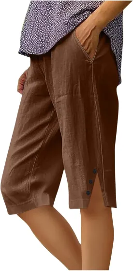 Womens Bermuda Shorts Summer Cotton Linen Knee Length Pants Dressy Casual Elastic Waist Beach Outfits with Pockets