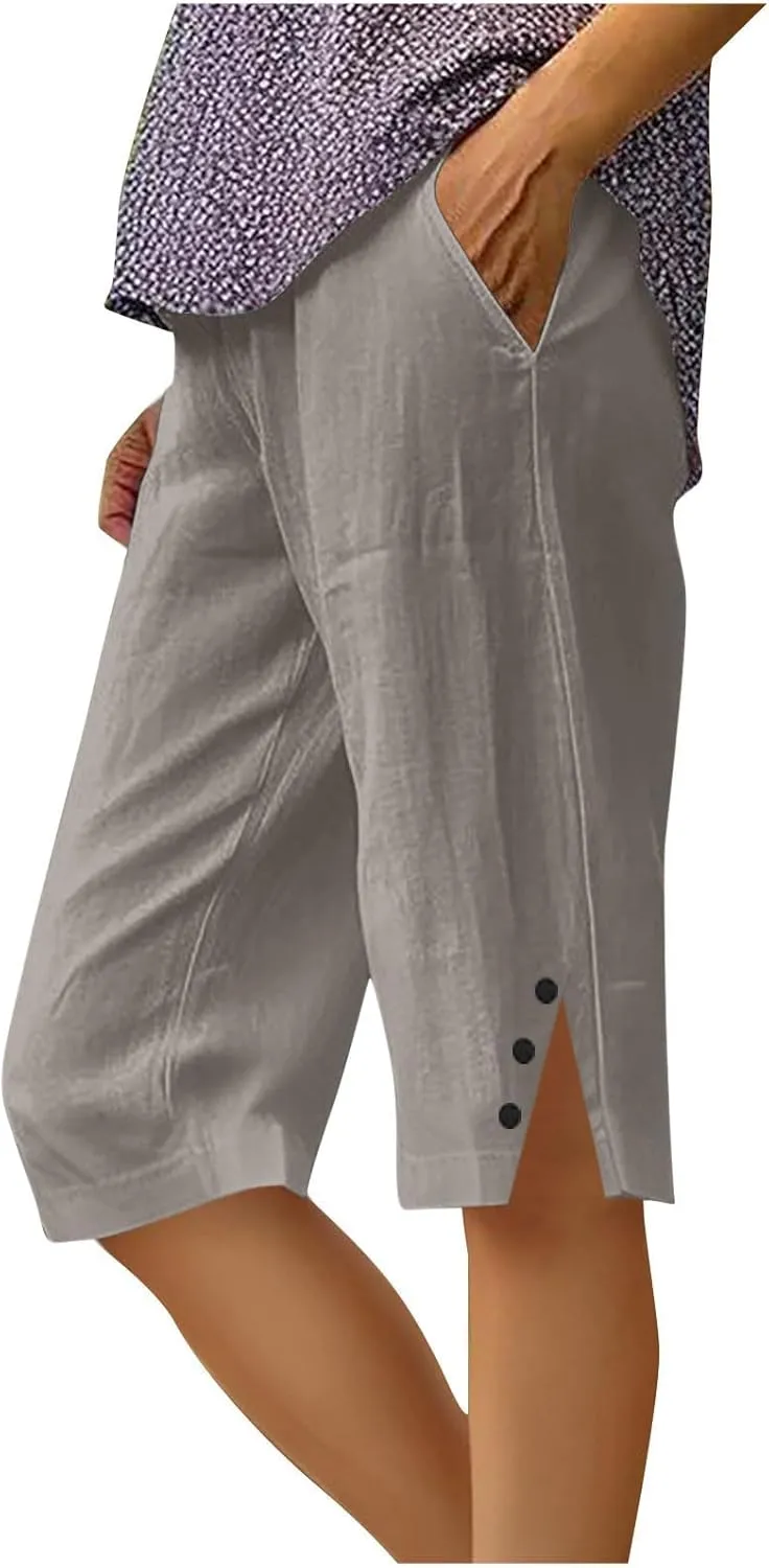 Womens Bermuda Shorts Summer Cotton Linen Knee Length Pants Dressy Casual Elastic Waist Beach Outfits with Pockets