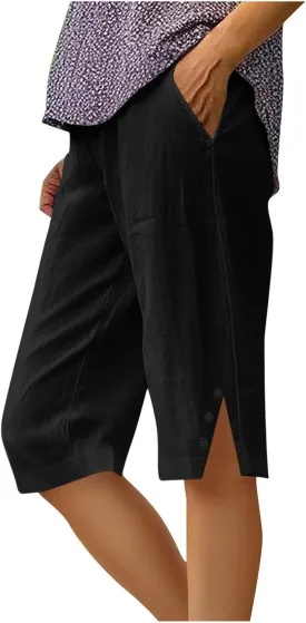 Womens Bermuda Shorts Summer Cotton Linen Knee Length Pants Dressy Casual Elastic Waist Beach Outfits with Pockets