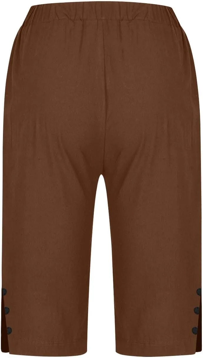 Womens Bermuda Shorts Summer Cotton Linen Knee Length Pants Dressy Casual Elastic Waist Beach Outfits with Pockets