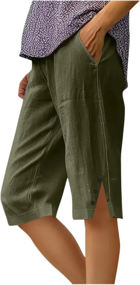 Womens Bermuda Shorts Summer Cotton Linen Knee Length Pants Dressy Casual Elastic Waist Beach Outfits with Pockets Womens Bermuda Shorts Summer Cotton Linen Knee Length Pants Dressy Casual Elastic Waist Beach Outfits with Pockets