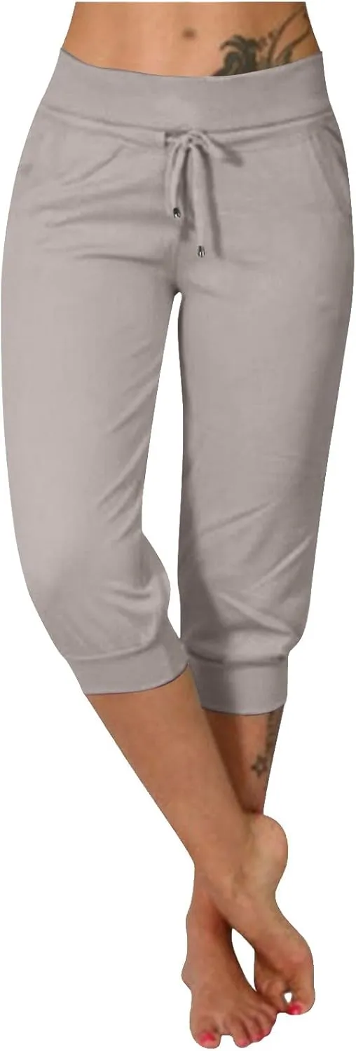 Women's Cropped Sweatpants Lightweight Summer Casual Capri Pants Drawstring Joggers Below Knee Length Shorts